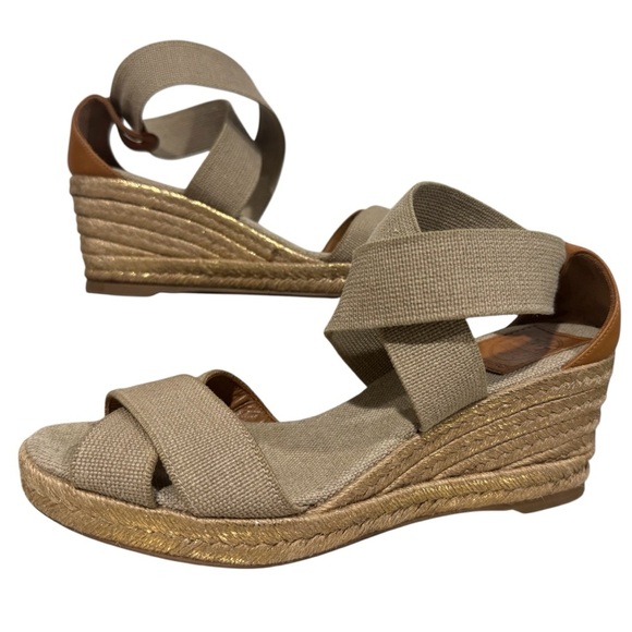 Tory Burch Canvas Espadrilles Wedges Tan Gold Size 6B - Picture 12 of 12